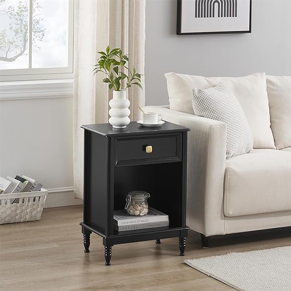 Black Night Stand Bedside Table End Table with Drawer and Storage Shelf, Wood Nightstand for Bedroom Office Living Room Sofa, Easy Assembly