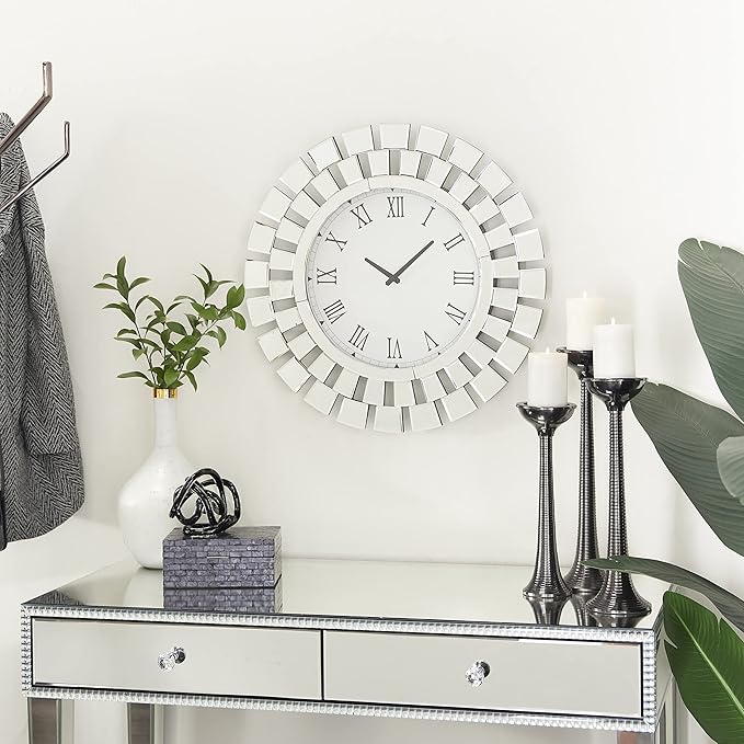 Silver Glass Mirrored Starburst Wall Clock