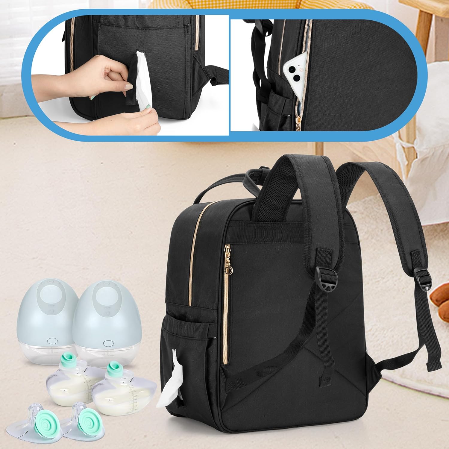 Wearable Breast Pump Bag with Cooler and Laptop Sleeve (Compatible with Elvie and Momcozy Breast Pump), Breast Pump Backpack for Wearable Breast Pump (Patent Pending), Black