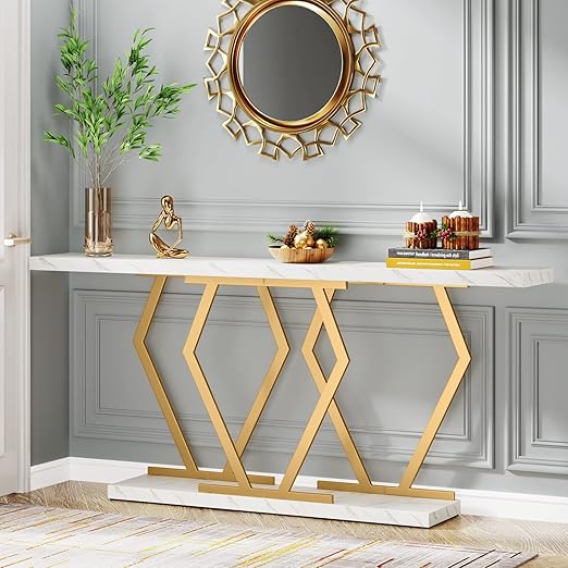 White and Gold Console Table with Faux Marble Tabletop