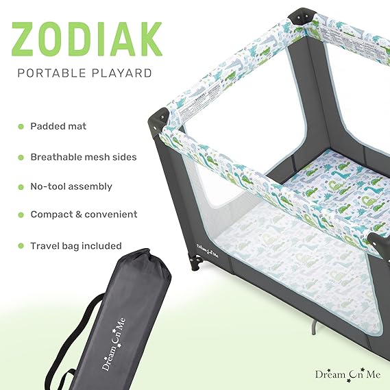 Portable Playard in Grey and Green, Lightweight, Packable and Easy Setup Baby Playard, Breathable Mesh Sides and Soft Fabric