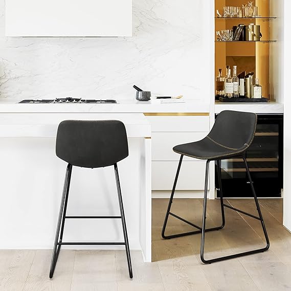 Bar Stools Set of 3, ALX Faux Leather Barstools, Modern Counter Height Stools with Back and Metal Legs, Armless Counter Chairs for Kitchen Island, Black