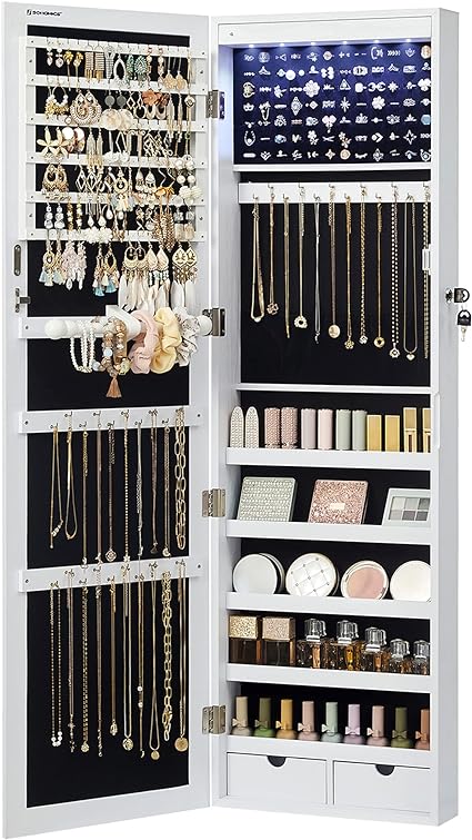 6 LEDs Mirror Jewelry Cabinet, Lockable Wall or Door Mounted Jewelry Armoire Organizer with Mirror, 2 Drawers, White