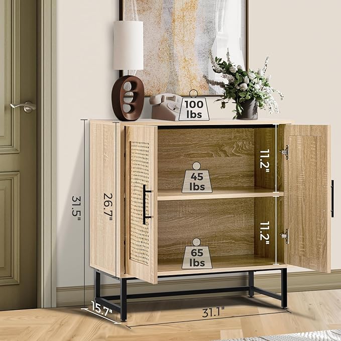 Storage Cabinet with Handmade Natural Rattan Doors, Rattan Cabinet Sideboard Buffet Cabinet, Accent Cabinet for Living Room, Hallway, Dining Room, Entryway