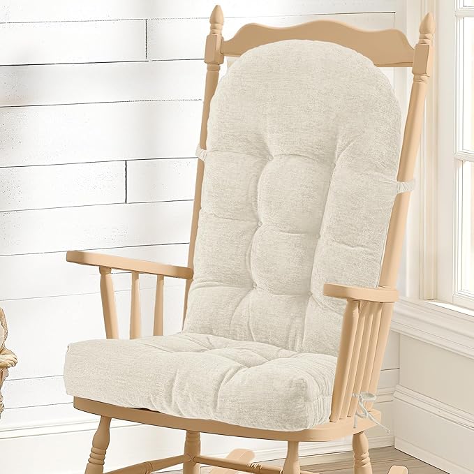Rocking Chair Cushion - Chenille Fabric, High-Density Sponge, Chenille/Oyster White