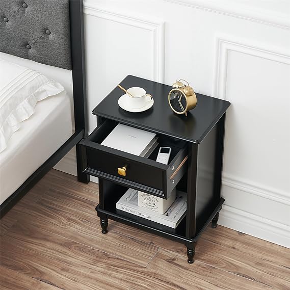 Black Night Stand Bedside Table End Table with Drawer and Storage Shelf, Wood Nightstand for Bedroom Office Living Room Sofa, Easy Assembly