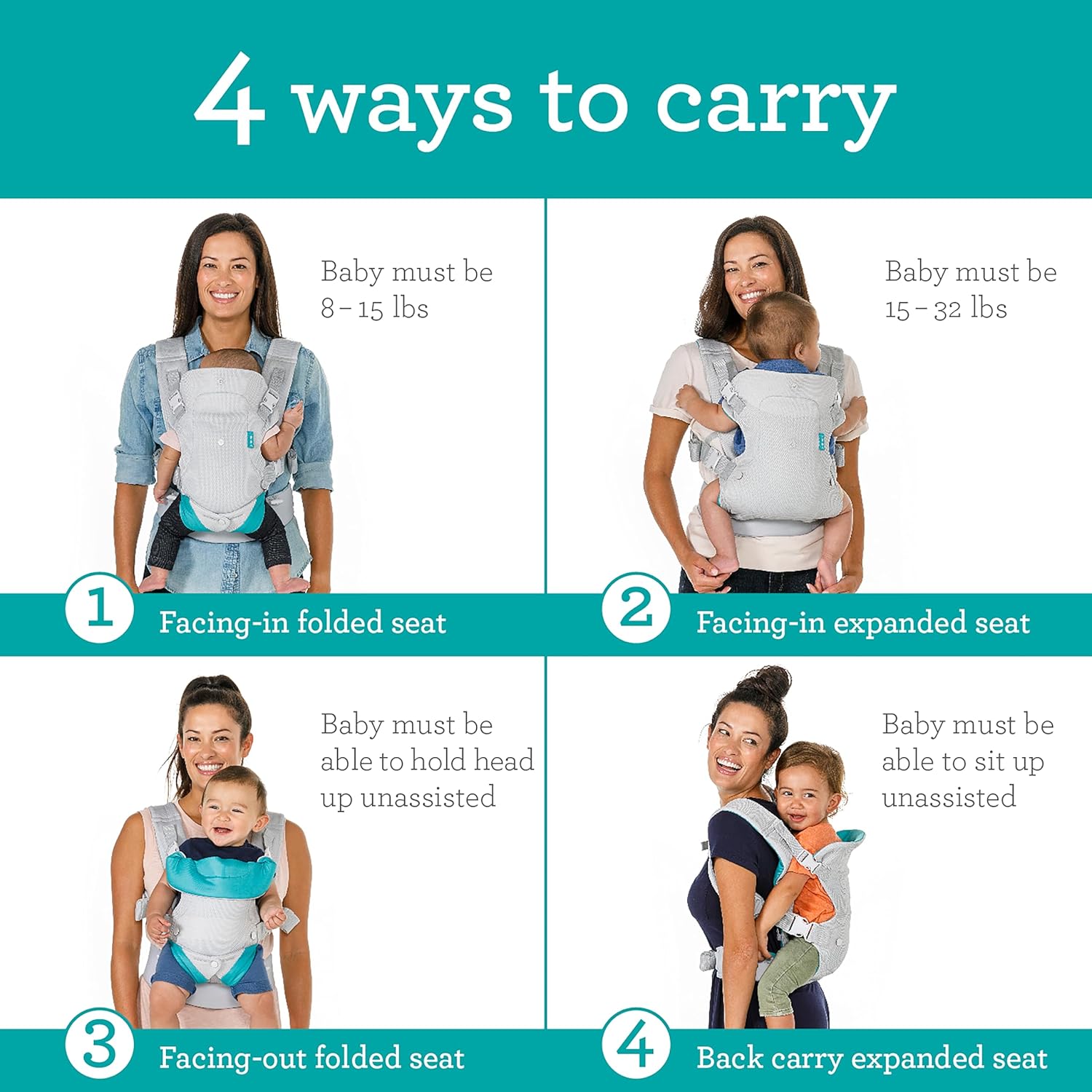 Flip 4-in-1 Light & Airy Convertible Baby Carrier - Breathable, Lumbar Support, Adjustable Waist Belt, Head Support, Ergonomic Seat, Plush Straps for Newborn to Toddler