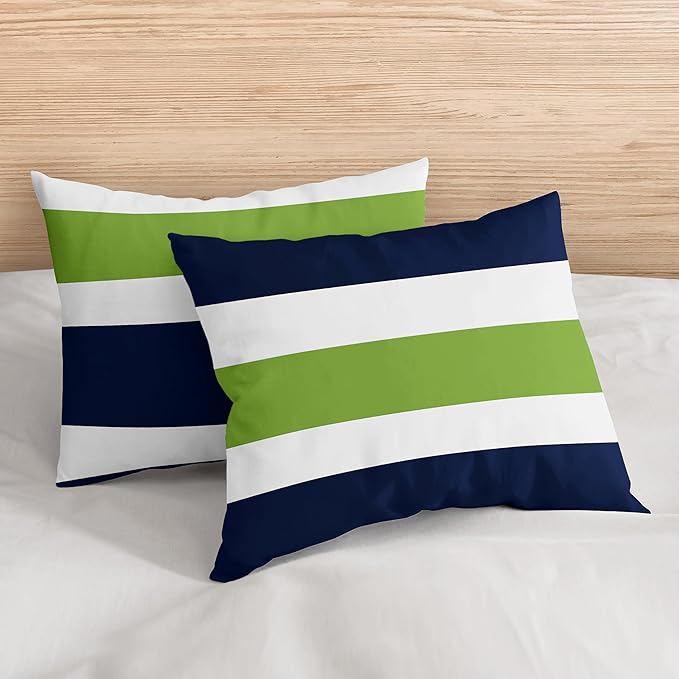 Navy Blue Lime Green and White Childrens Full/Queen Stripe Bedding