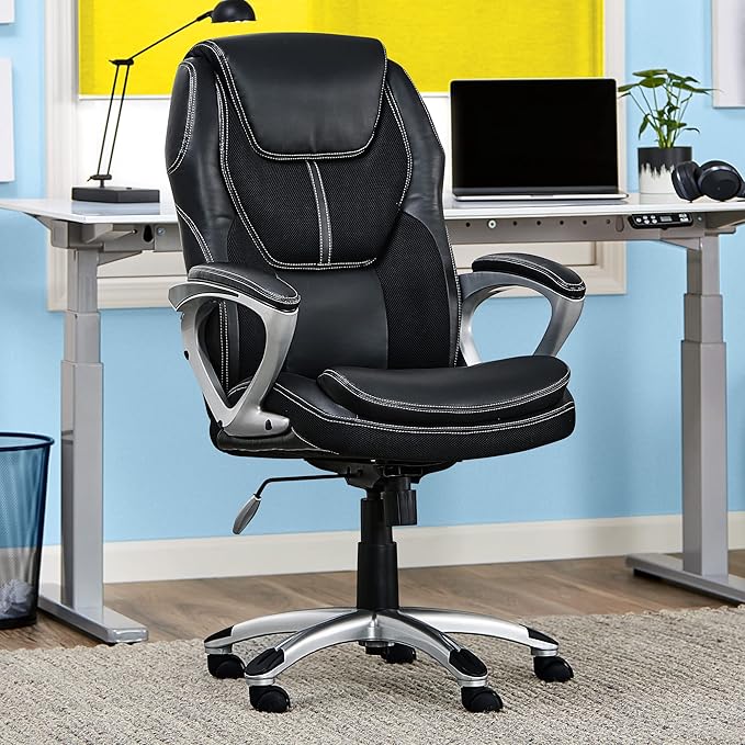 Amplify Executive Office Padded Arms, Adjustable Ergonomic Gaming Desk Chair with Lumbar Support, Faux Leather and Mesh, Black