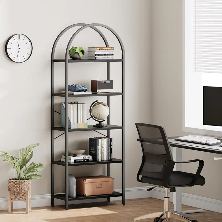 Arched Bookshelf 5-Tier Open Storage Shelves, Black