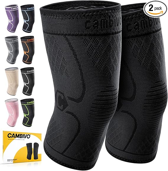 2 Pack Knee Braces for Knee Pain, Knee Compression Sleeve for Men and Women, Knee Support for Meniscus Tear, Running, Weightlifting, Workout, ACL, Arthritis, Joint Pain Relief (Black,Medium)