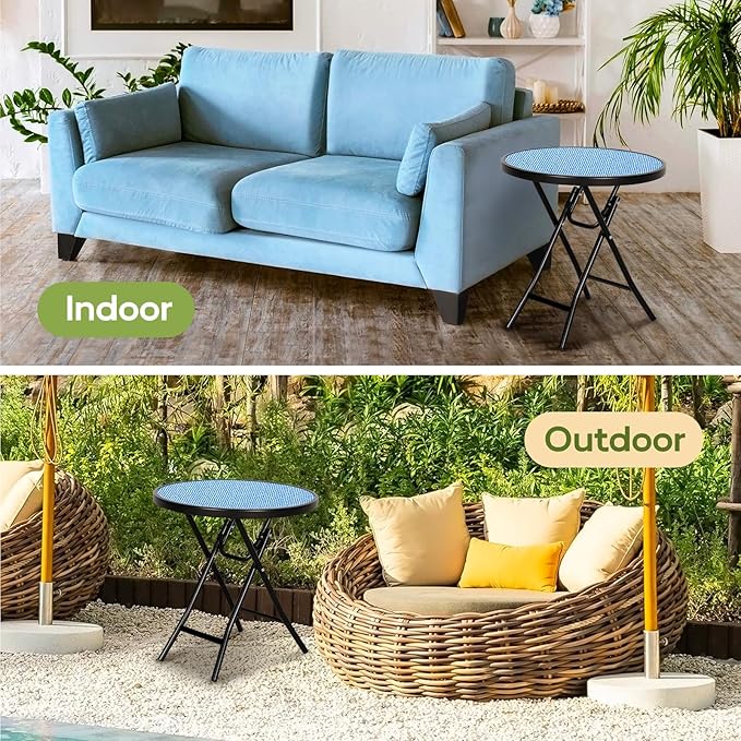 Bistro Table Folding Side Table with Tempered Glass Tabletop,Small End Table, Blue