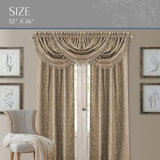 Antonia Floral Damask Waterfall Window Valance with Tassels, Taupe