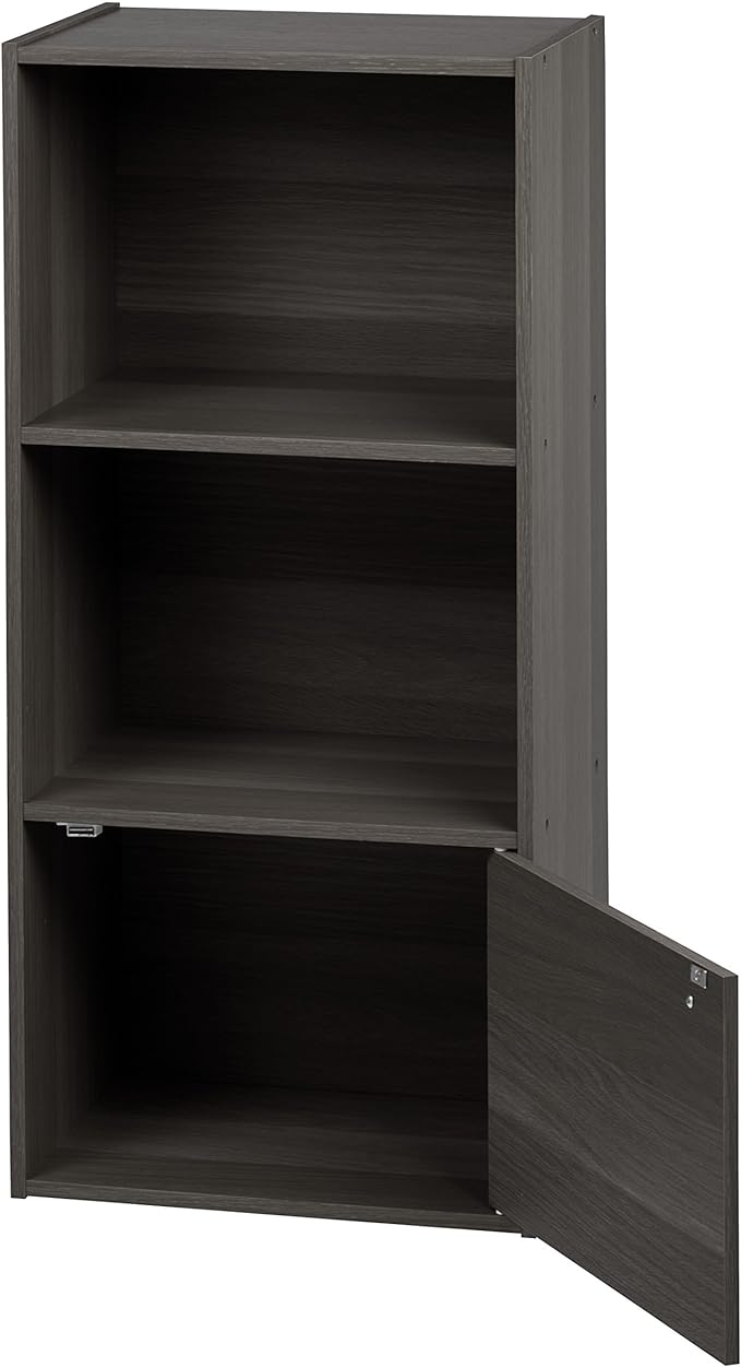 3 Tier Wood Storage Shelf, Bookcase, Bookshelf for Small Spaces, 1 Door, Gray