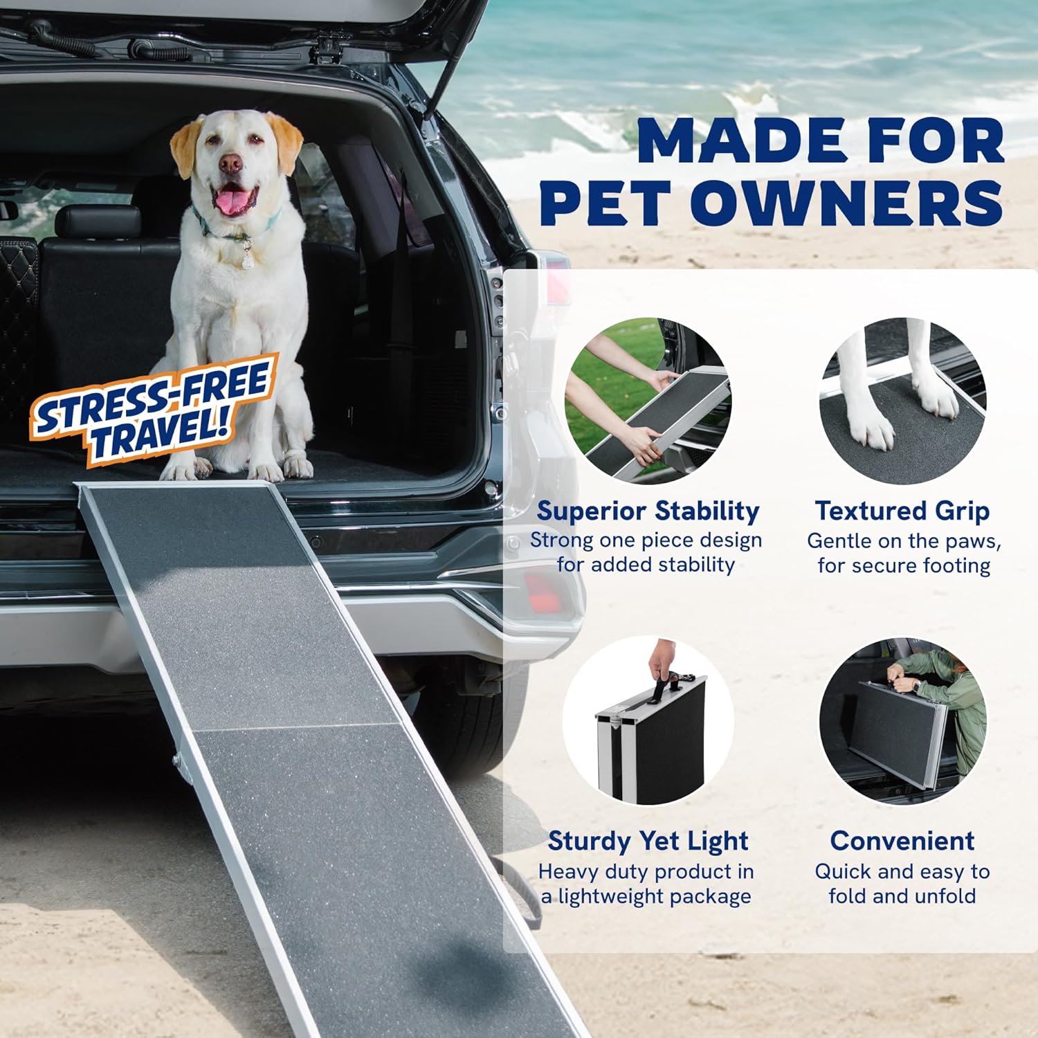 Foldable Aluminum Dog Ramp, Pet Ramp for Car, Portable, Heavy-Duty, Outdoor Use, Black