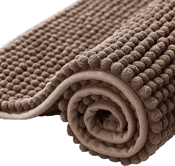 Bathroom Rugs Chenille Bath Rug Soft Short Plush Bath Mat Soft Shower Mat Water Absorbent Shower Mat Quick Dry Machine Washable(Brown,16" x 24") (Set of 2)