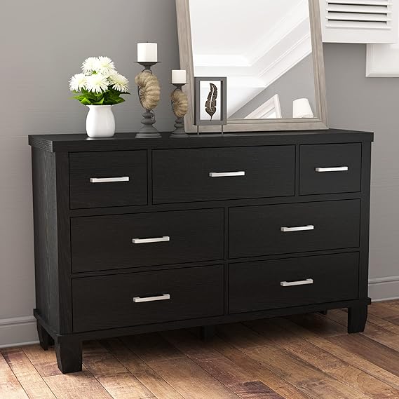 Black Dresser, Modern 7 Drawer, Large Wooden Chest with 5 Solid Wood Legs, Metal Handles, Wide Double