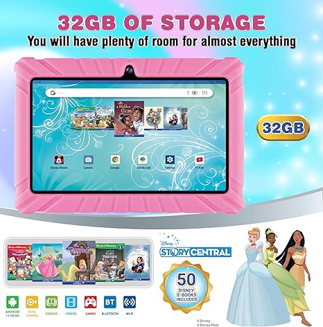 7" Android Kids Tablet 32GB, Includes 50+ Disney Storybooks & Stickers, Kid-Proof Case, (2023 Model) - Pink