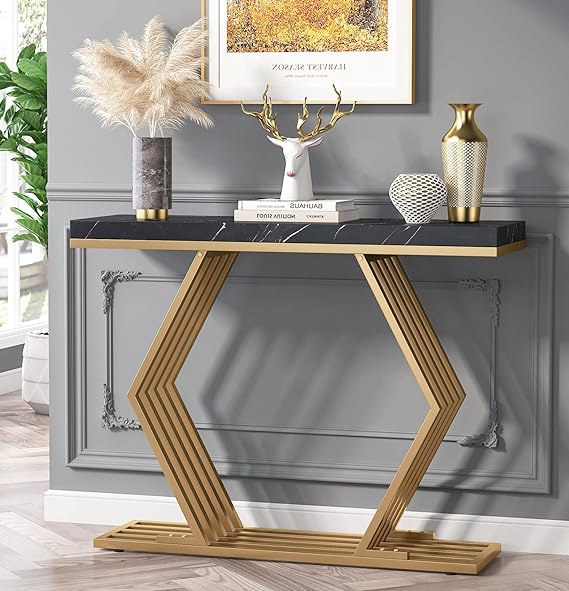 Black and Gold Entryway Table with Geometric Metal Base, Modern Console Table Foyer Hallway Table for Entryway,Living Room,(Black Marble and Gold)