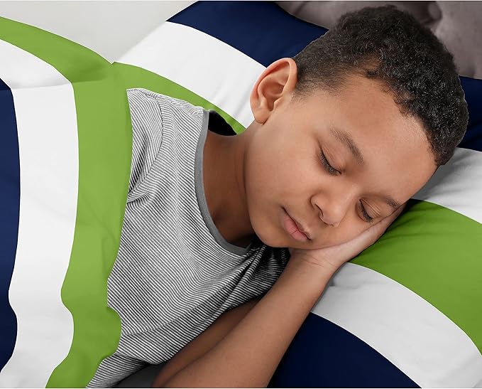 Navy Blue Lime Green and White Childrens Full/Queen Stripe Bedding