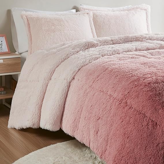 Brielle, Long Shaggy Faux Fur Comforter Set, Plush Reverse, Trendy Ombre Design, Modern, Cozy All Season Bedding, Matching Sham, King Blush 3 Piece