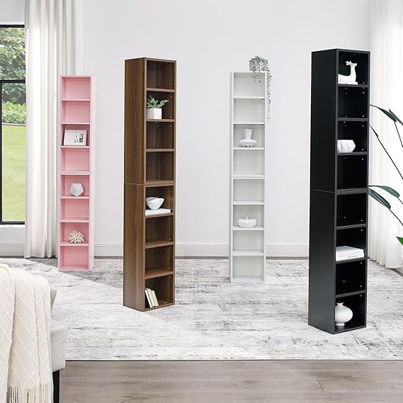 8-Tier Media Tower Rack CD DVD Slim Storage Cabinet with Adjustable Shelves, Tall Narrow Bookcase Display Bookshelf for Home Office (Walnut)