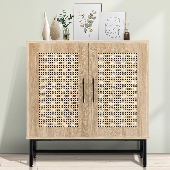 Storage Cabinet with Handmade Natural Rattan Doors, Rattan Cabinet Sideboard Buffet Cabinet, Accent Cabinet for Living Room, Hallway, Dining Room, Entryway