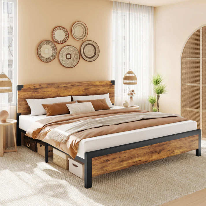 Platform King Size Bed Frame with Wood Headboard
