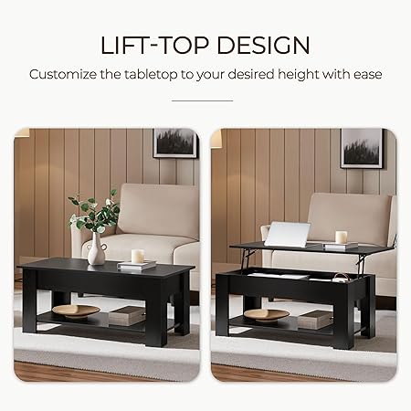 Wooden Coffee Table, Lift Top Coffee Table with Large Hidden Storage Shelf, Lift Tabletop Dining Table, Black