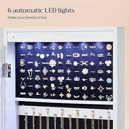 6 LEDs Mirror Jewelry Cabinet, Lockable Wall or Door Mounted Jewelry Armoire Organizer with Mirror, 2 Drawers, White