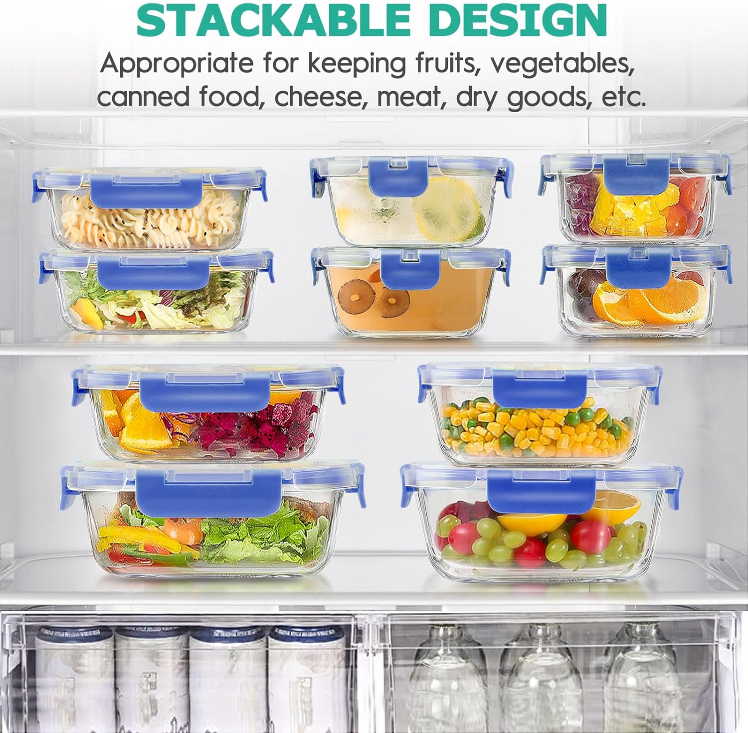 34pcs Glass Food Storage Containers with Lids Set, Airtight Glass Meal Prep Containers  Microwave, Oven, Freezer & Dishwasher,Blue