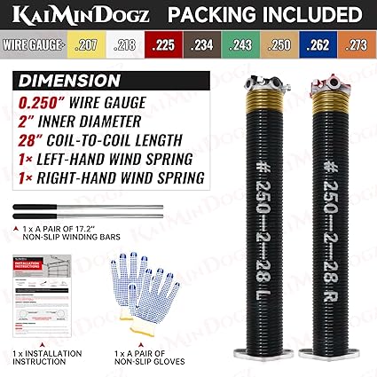 Pair of 2" Garage Door Torsion Springs Set with Non-Slip Winding Bar & Gloves, High Precision Electrophoresis Black Coated, for Replacement & Installation