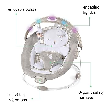 InLighten Baby Bouncer Infant Seat with Light Up -Toy Bar, Vibrations & Sounds, (Twinkle Tails Bunny)