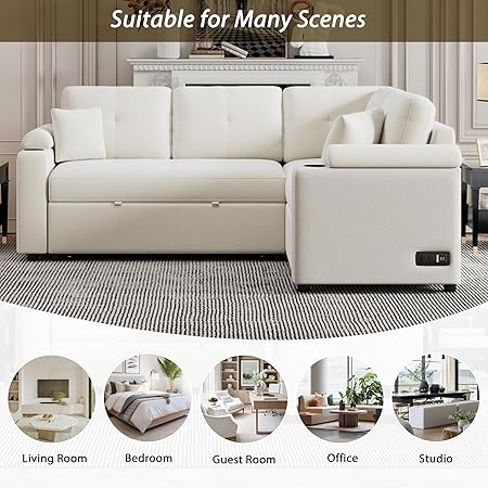 L-Shape Sofa Bed Pull-Out Sleeper Sofa with Wheels, USB Ports
