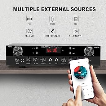 Stereo Receivers Home Audio Amplifier Channels Subwoofer Output with Bluetooth