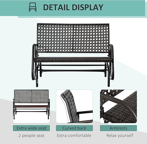 2-Person Outdoor Wicker Glider Bench, Patio Garden PE Rattan Swing Loveseat Chair with Extra Wide Seat and Curved Backrest, Dark Grey