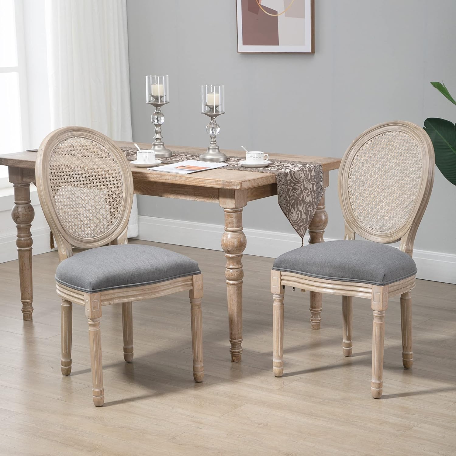 French-Style Upholstered Dining Chair, Armless Accent Side Chairs with Rattan Backrest and Linen-Touch Upholstery