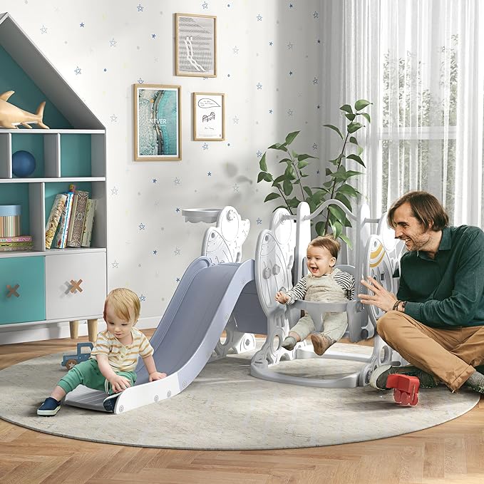3 in 1 Toddler Swing and Slide Set, Kids Slide Playset with Climber, Basketball Hoop, Baby Indoor Playground, Space Theme, White and Gray