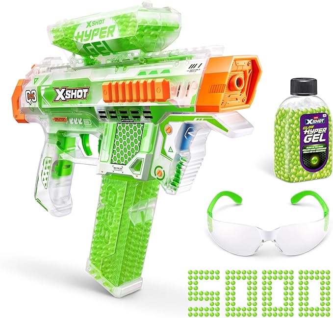 Hyper Gel Glow in The Dark NightStrike Blaster, Semi and Fully Automatic Gel Blaster & 5,000 Glow in The Dark Hyper Gel Pellets, 600 Capacity Hopper & 850 Capacity Mag