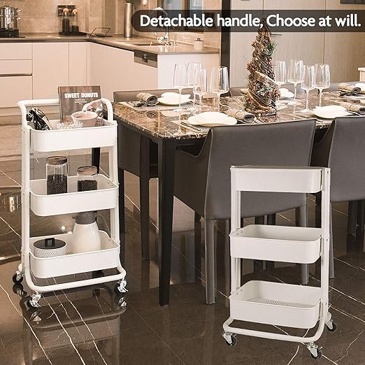 3-Tier Metal Rolling Utility Cart with 2 Lockable Wheels Storage Organizer Shelf