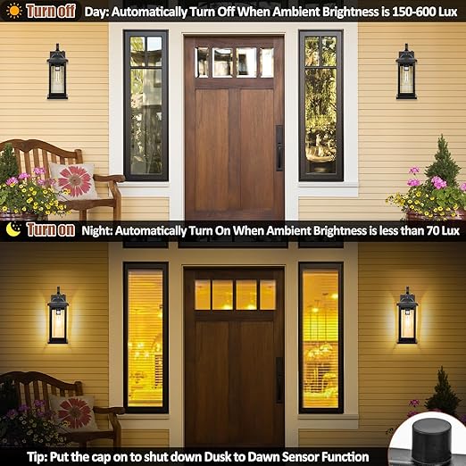 2-Pack Dusk to Dawn Large Outdoor Wall Lights, Exterior Light Fixtures Porch Lights Tempered Clear Glass, IP65 Waterproof Anti-Rust Outside Wall Sconces Matte Black Wall Lanterns