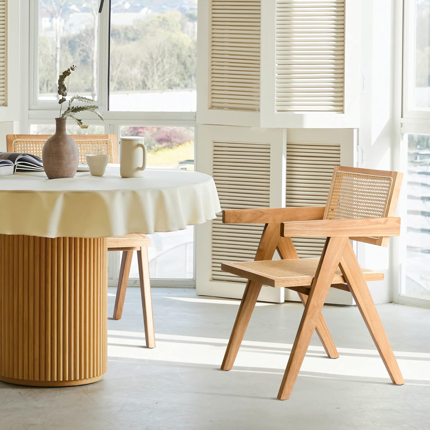 Rattan Dining Chairs 1-Piece, Wooden Armchair Cane Kitchen Chairs with Arms, Light Walnut Color