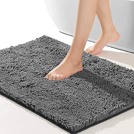 Bathroom Rug 32"×20", Non-Slip Bath Mat, Soft Cozy Shaggy Durable Thick Chenille Rugs for Bathroom,Easier to Dry, Plush Bathtubs, Rain Showers and Under The Sink (Dark Grey)