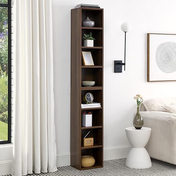 8-Tier Media Tower Rack CD DVD Slim Storage Cabinet with Adjustable Shelves, Tall Narrow Bookcase Display Bookshelf for Home Office (Walnut)