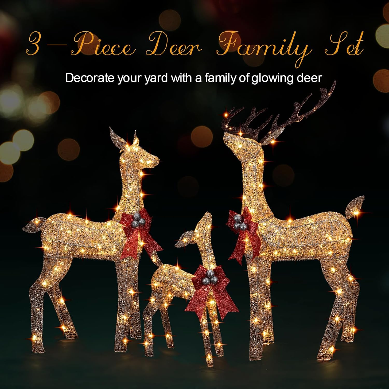3-Piece Large Lighted Christmas Deer Family Set with Bell Bow, final cut
