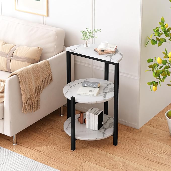 White and Black End Tables Set of 2, Round Marble Nightstand Set