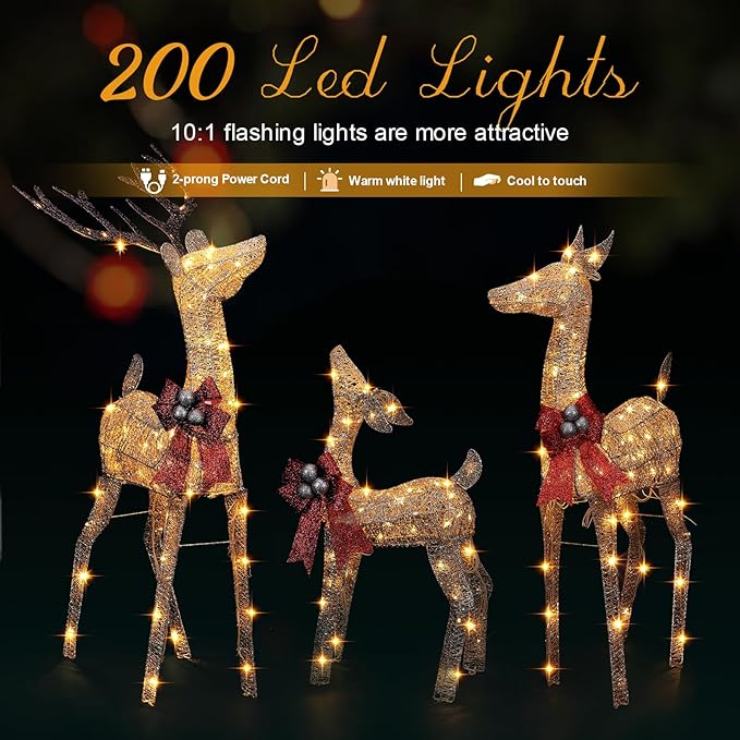 3-Piece Large Lighted Christmas Deer Family Set with Bell Bow, final cut