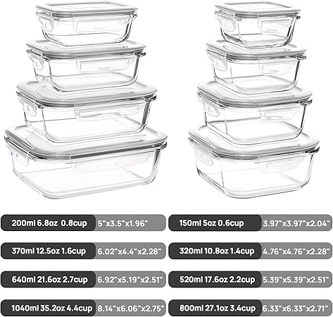 8 Pack Glass Containers Set for Food Storage with Airtight Lids, Meal Prep Container Glass