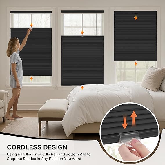 Top Down Bottom Up (TDBU) Cordless Cellular Shades, Black Set of 2