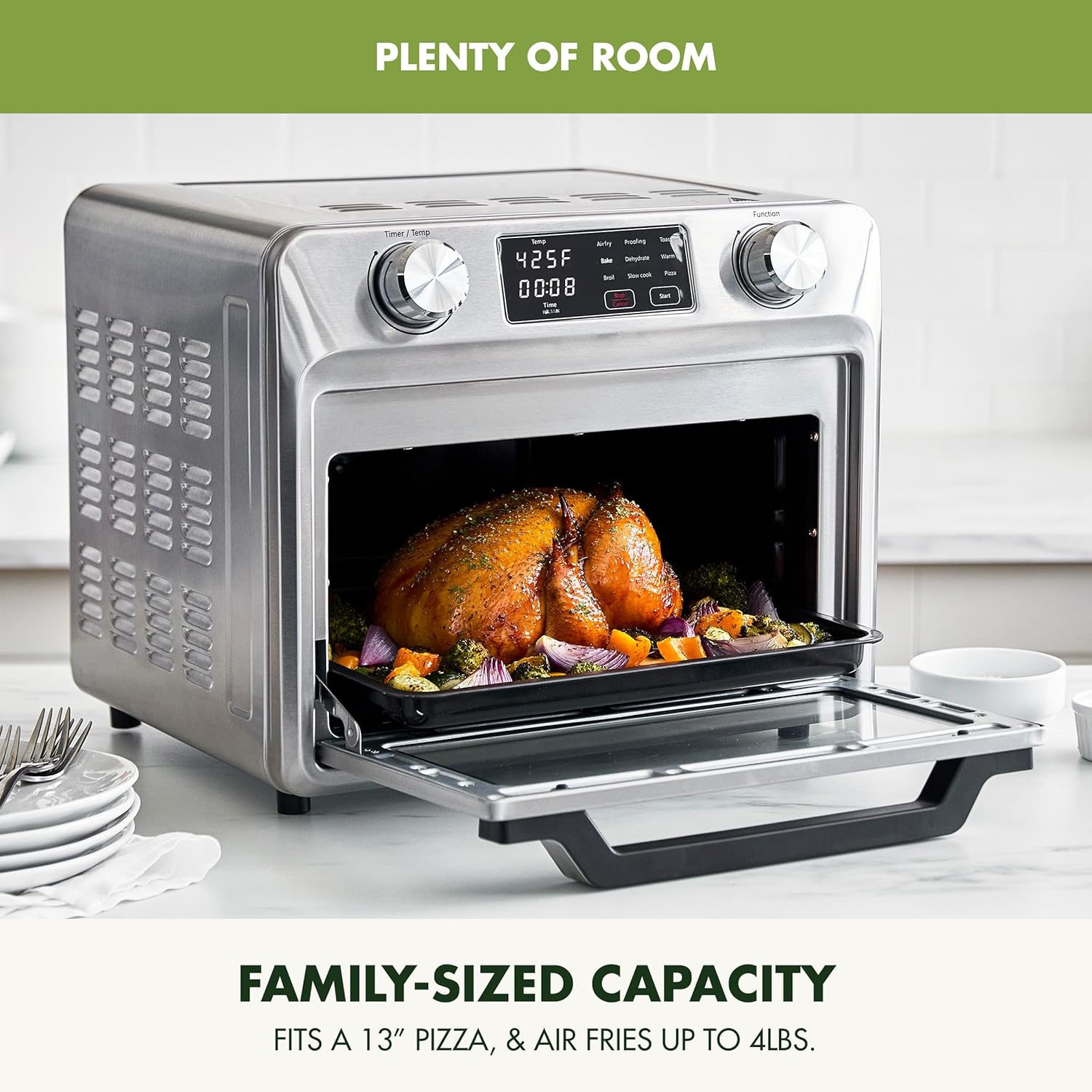 Bistro Stainless Steel 9-in-1 Air Fry Oven, Nonstick Baking Pan, Stainless Steel Rack, and Basket, Fast Heating, Multifunction Presets, Cool-Touch Handle, PFAS-Free, Easy Cleanup Crumb Tray
